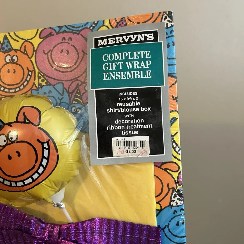 Vintage Complete Gift Wrap Ensemble Colorful Pig Mervyns - Birthday gift Wrap